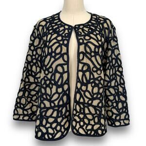 Chico's Black Nude Illusion Guipure Embroidery Blazer Jacket, Size 2 P (MP)